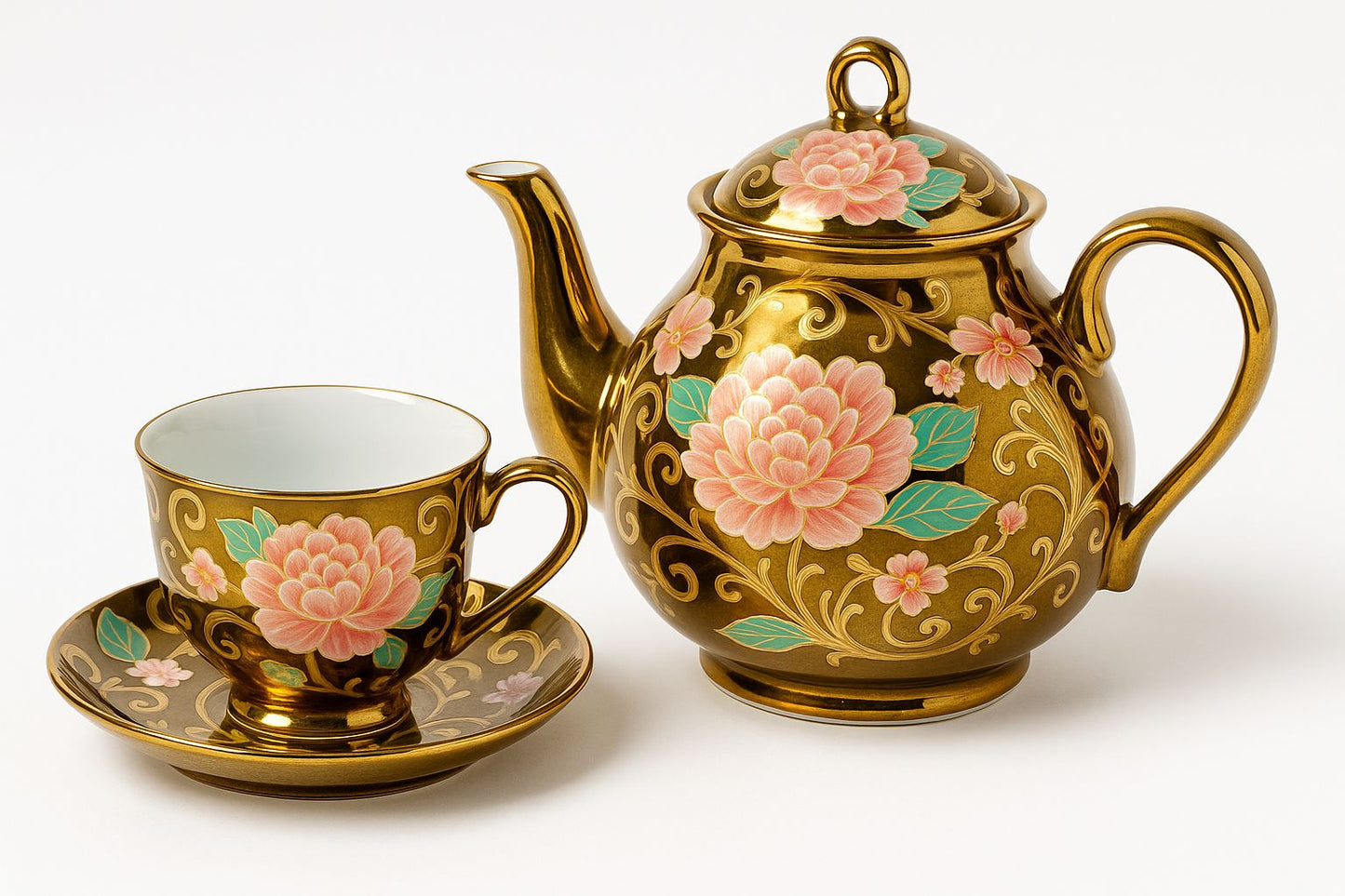 Luxury Floral Tea Set😍☕️ – 11 Piece Golden Porcelain (4 Cups☕️6 Saucers 🍽️ 1 Kettle