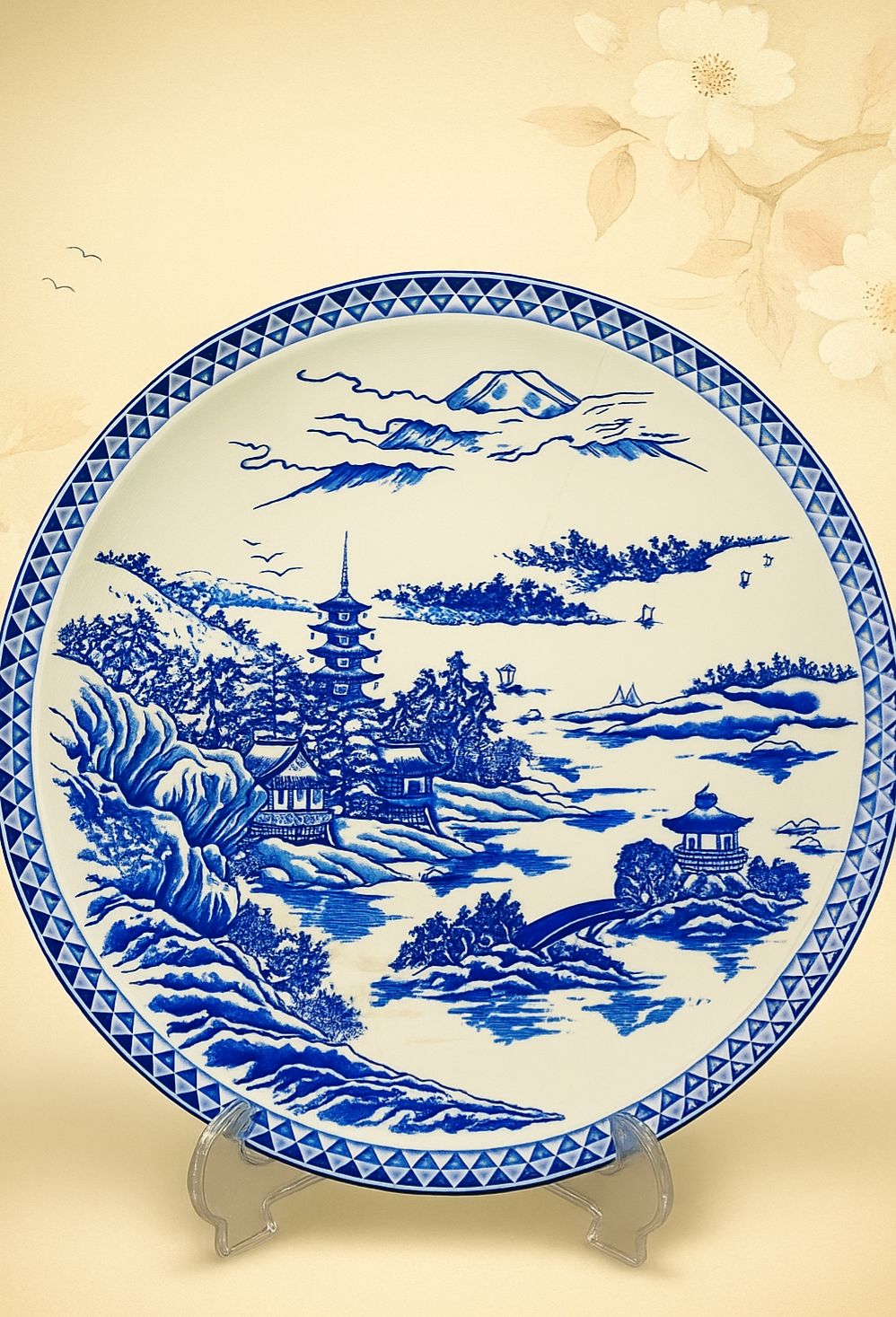 15-Inch Japanese 🇯🇵 Blue & White Porcelain Decorative 😍Plate – Mount Fuji Pagoda Designed