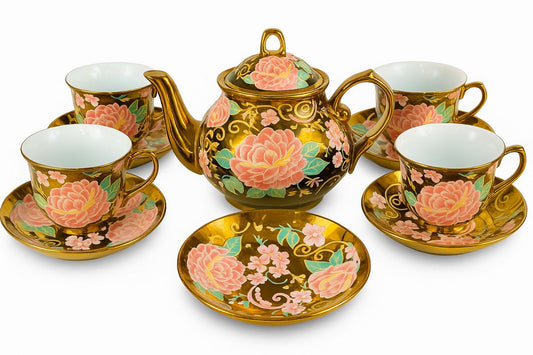 Luxury Floral Tea Set😍☕️ – 11 Piece Golden Porcelain (4 Cups☕️6 Saucers 🍽️ 1 Kettle