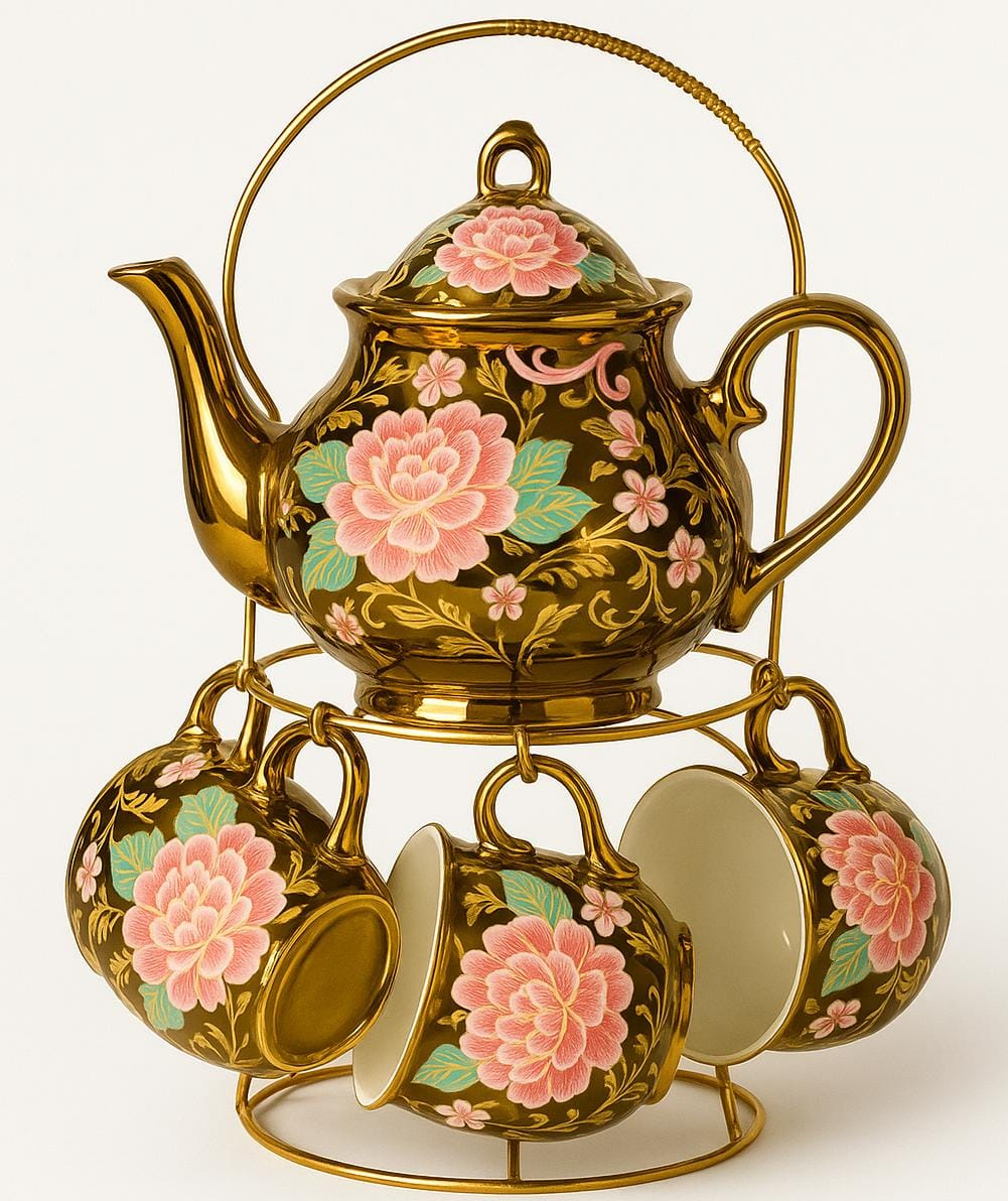 Luxury Floral Tea Set😍☕️ – 11 Piece Golden Porcelain (4 Cups☕️6 Saucers 🍽️ 1 Kettle