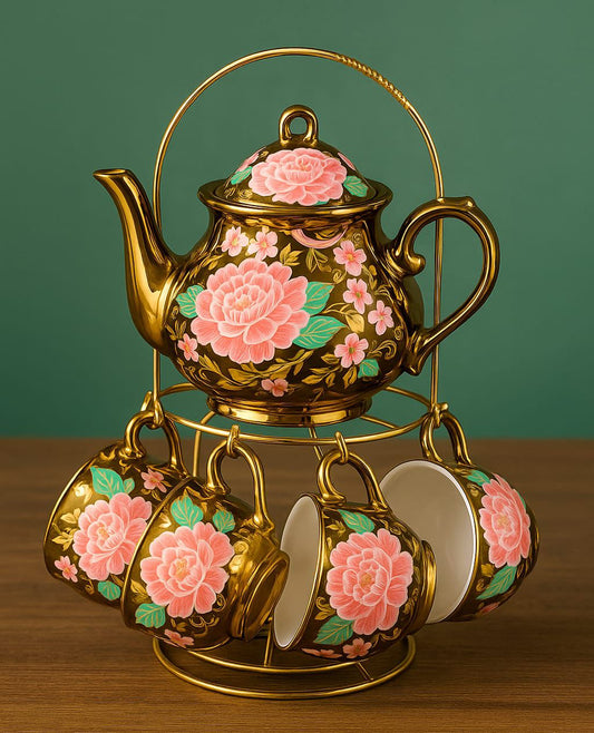Luxury Floral Tea Set😍☕️ – 11 Piece Golden Porcelain (4 Cups☕️6 Saucers 🍽️ 1 Kettle