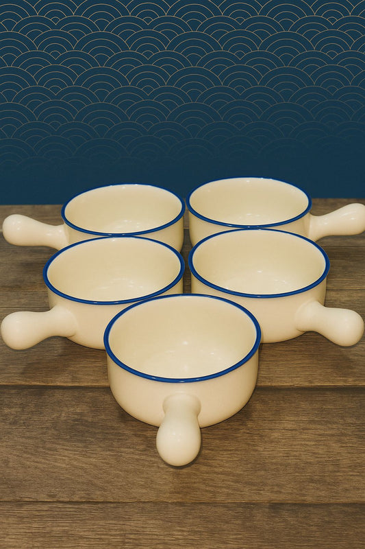 Japanese 🇯🇵 Ceramic Handle Bowl 🥣 Set | 5 Cream Soup Bowls with Grip Stick Handle | Minimalist Traditional Design😍😍😍