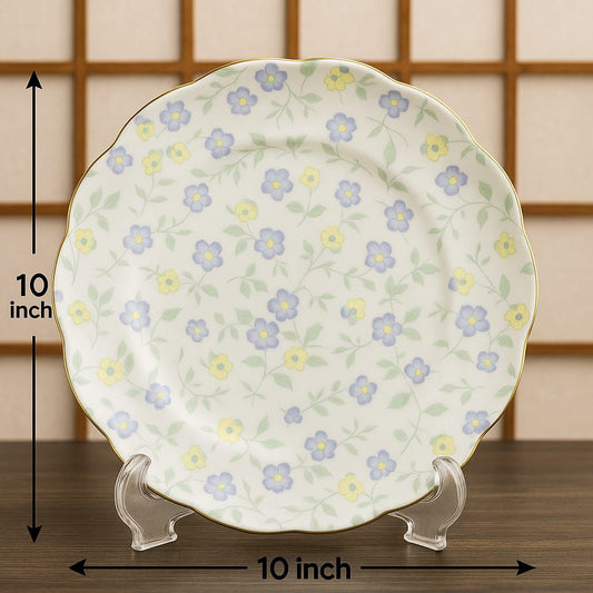 Japanese 🇯🇵 Vintage Floral Porcelain Plate😍 – 10 Inch Decorative Dinner Plate with Blue & Yellow Blossoms 😍