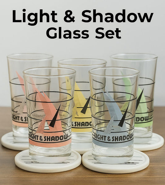 Light & Shadow 5-Piece Glass 🥃Set with Matching Coasters – Multicolor Design