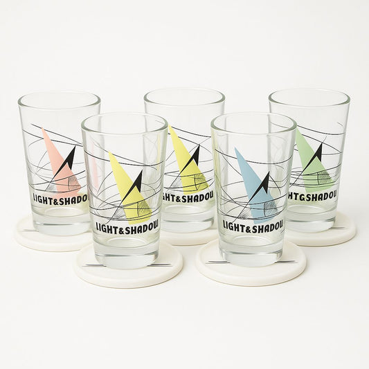 Light & Shadow 5-Piece Glass 🥃Set with Matching Coasters – Multicolor Design
