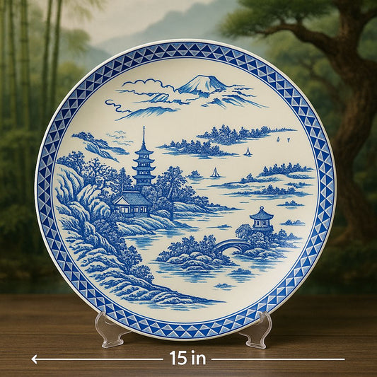 15-Inch Japanese 🇯🇵 Blue & White Porcelain Decorative 😍Plate – Mount Fuji Pagoda Designed
