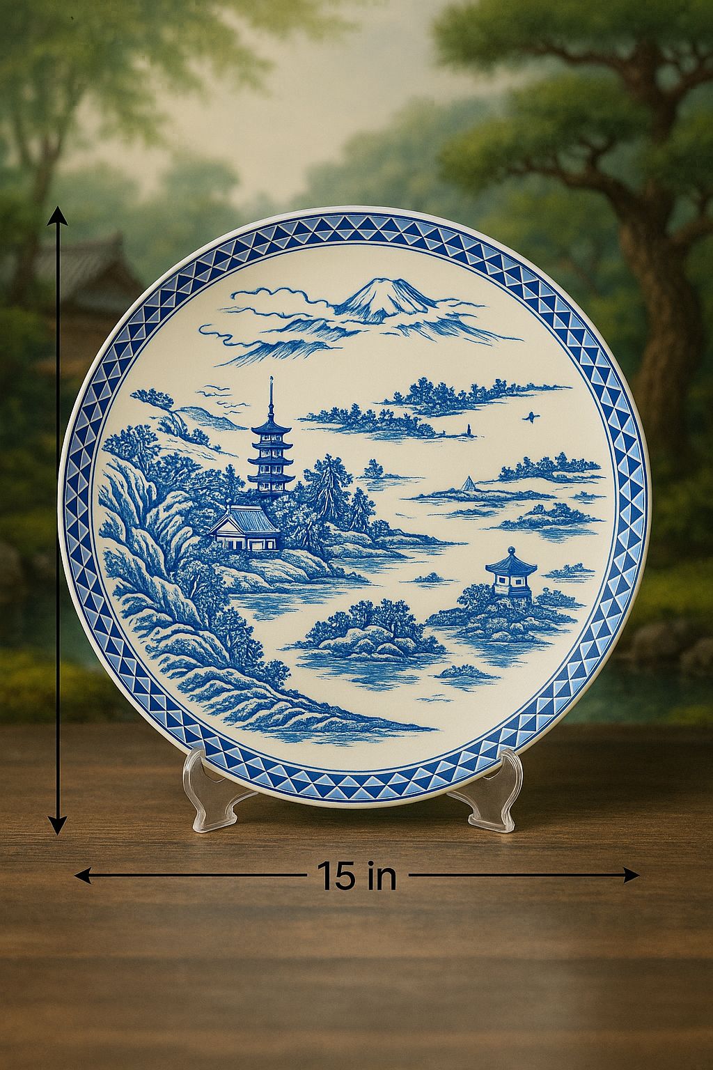 15-Inch Japanese 🇯🇵 Blue & White Porcelain Decorative 😍Plate – Mount Fuji Pagoda Designed