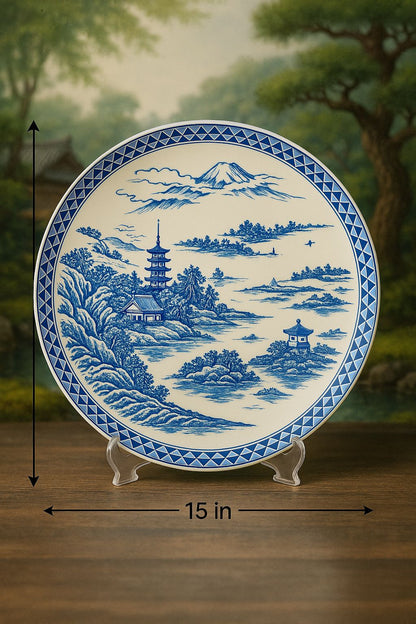 15-Inch Japanese 🇯🇵 Blue & White Porcelain Decorative 😍Plate – Mount Fuji Pagoda Designed