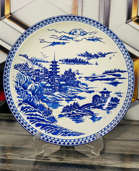 15-Inch Japanese 🇯🇵 Blue & White Porcelain Decorative 😍Plate – Mount Fuji Pagoda Designed