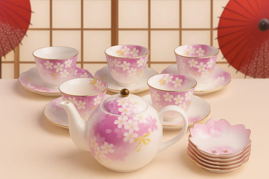 Japanese 🇯🇵 Ceramic Cava Set🫖🍵 | 1 Teapot + 5 Cups + 5 Saucers + 5 Dessert Plates | Elegant Crackle Glaze Finish🥰